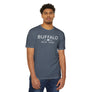 Man wearing a indigo t-shirt with 'Buffalo New York' text on a white background