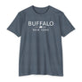 Indigo t-shirt with 'Buffalo New York' text on a white background