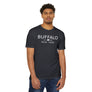 Man wearing a black t-shirt with 'Buffalo New York' text on a white background