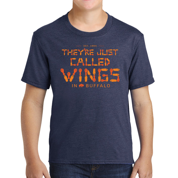 Youth They’re Just Called Wings T-shirt – Buffalo NY wings design Est. 1964, fun foodie apparel for children